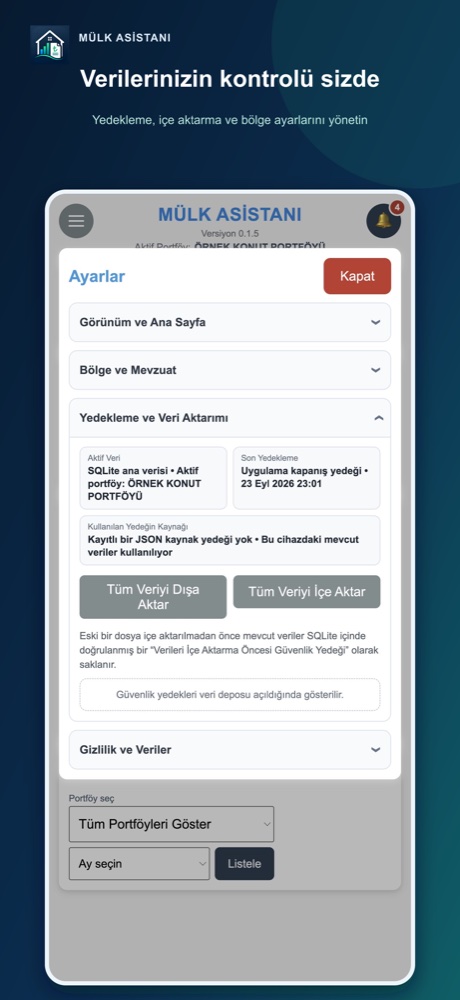 Mülk Asistanı iPhone yedekleme ve ayarlar ekranı